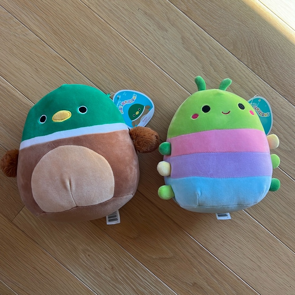 Two 8 inch squishmallows, mallard duck and caterpillar